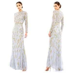 NEW! Mac Duggal Platinum Silver Gold Beaded Long Sleeve Gown Maxi Dress SZ 6